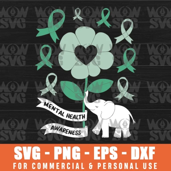 SUNFLOWER GREEN RIBBON ELEPHANT HEALTH MATTERS AWARENESS SVG PNG EPS DXF CRICUT FILE SILHOUETTE ART