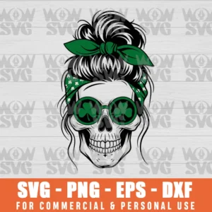 ST PATRICKS DAY SKULL, ST PATRICKS DAY SKULL MESSY BUN SAINT PATTYS PADDYS SVG PNG EPS DXF, CRICUT FILE, SVG FILES CLIP ART