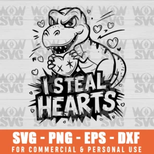 VALENTINES DAY DINOSAUR I STEAL HEARTS BOYS MEN LOVE T REX SVG PNG EPS DXF