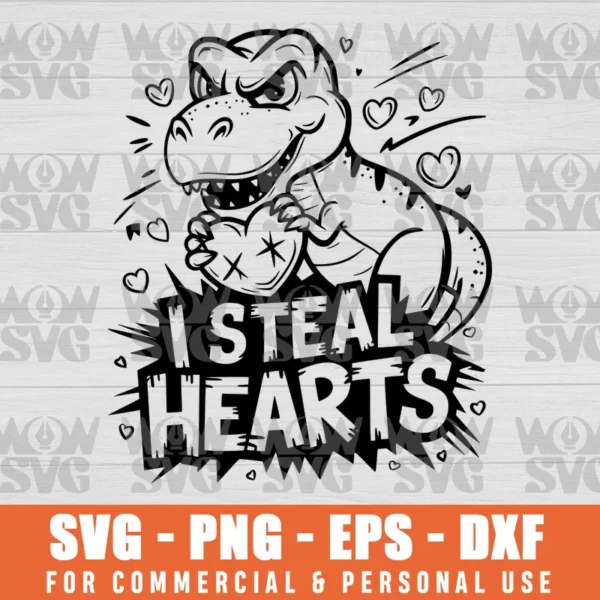 VALENTINES DAY DINOSAUR I STEAL HEARTS BOYS MEN LOVE T REX SVG PNG EPS DXF