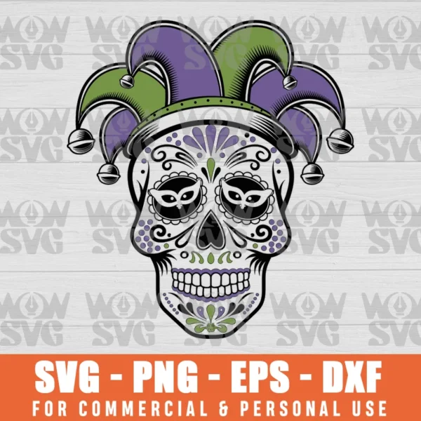 MARDI GRAS COSTUME SUGAR SKULL CARNIVAL NEW ORLEANS, FUNNY SUGAR SKULL MARDI GRAS PARTY SVG PNG EPS DXF, CRICUT FILE, SVG FILES CLIP ART