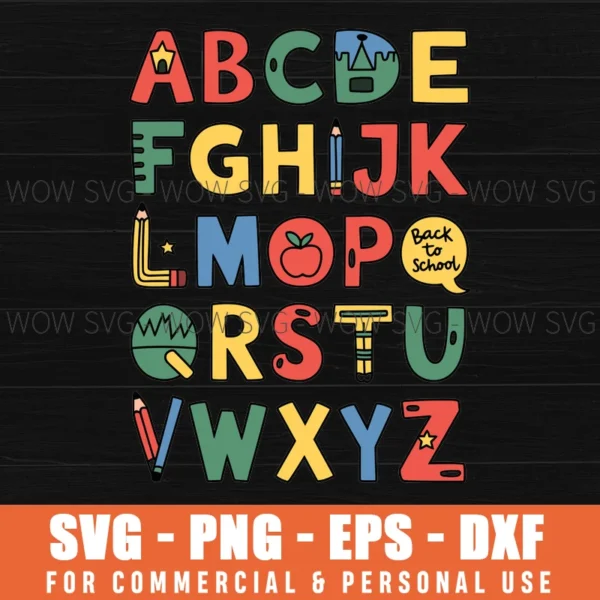 KINDERGARDEN TEACHER ALPHABET, CHARACTERS FROM A TO Z, BACK TO SCHOOL SVG PNG EPS DXF, CRICUT FILES, SVG FILES CLIP ART