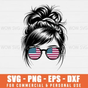 AMERICAN GIRL SVG PATRIOTIC SVG MESSY BUN SVG 4TH OF JULY SVG PNG EPS DXF, CRICUT FILES, SVG FILES CLIP ART