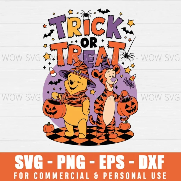 RETRO HALLOWEEN TRICK OR TREAT WINNIE THE POOH AND TIGGER SVG PNG EPS DXF, CRICUT FILES, SVG FILES CLIP ART