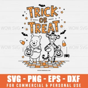 RETRO TRICK OR TREAT POOH AND TIGGER, WINNIE THE POOH HALLOWEEN SVG PNG EPS DXF, CRICUT FILES, SVG FILES CLIP ART