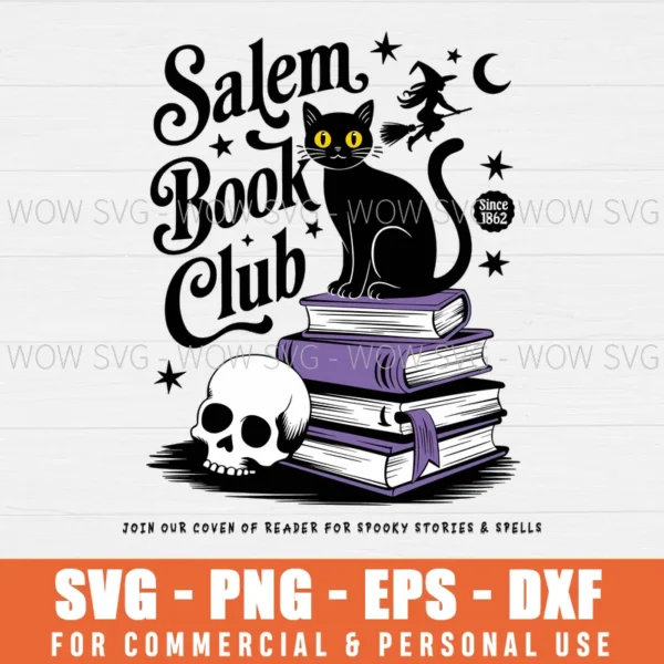 VINTAGE SALEM BOOK CLUB BLACK CAT BOOKAHOLIC SVG PNG EPS DXF, CRICUT FILES, SVG FILES CLIP ART