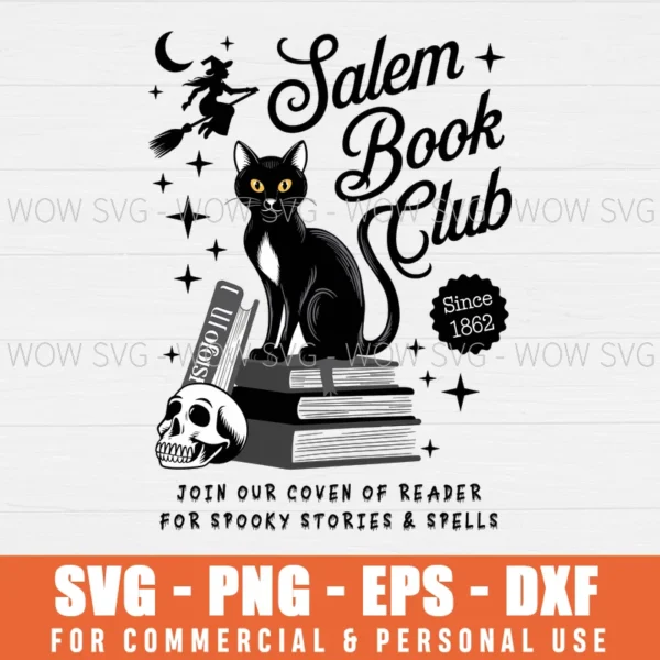 HALLOWEEN, VINTAGE SALEM BOOK CLUB BLACK CAT BOOKAHOLIC SVG PNG EPS DXF, CRICUT FILES, SVG FILES CLIP ART