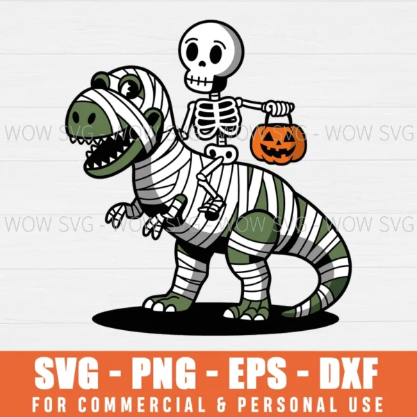 SKELETON RIDING MUMMY T-REX DINOSAUR HALLOWEEN SVG PNG EPS DXF, CRICUT FILES, SVG FILES CLIP ART
