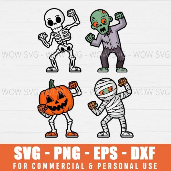 DANCING HALLOWEEN BOYS SKELETON ZOMBIE SCARY PUMPKIN MUMMY SVG PNG EPS DXF, CRICUT FILES, SVG FILES CLIP ART