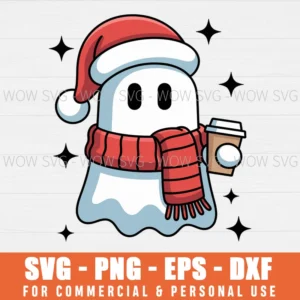 CUTE CHRISTMAS GHOST HOLIDAY COFFEE GHOST SVG PNG EPS DXF, CRICUT FILES, SVG FILES CLIP ART