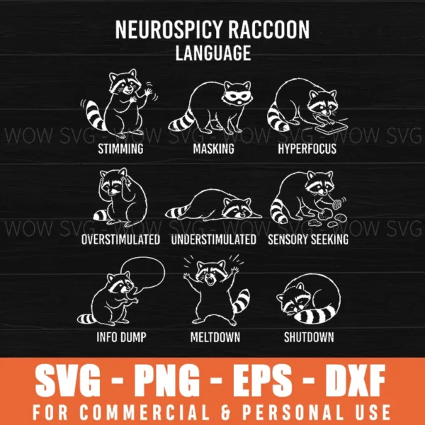 Neurospicy Raccoon Language Neurodiversity Fun Autism Adhd Pride Svg Png