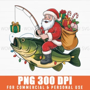 SANTA RIDING BASS FISH CHRISTMAS CHRISMAS FISING PNG