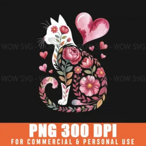 Cat Colorful Floral Valentines Vintage Flowers Art Cat Lover Svg Png