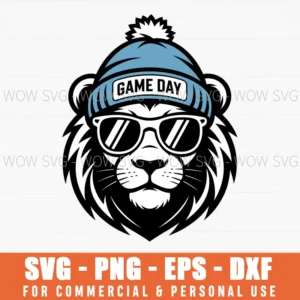 Game Day Lion Blue Beanie Sunglasses Sports Fan Team Mascot Svg Png