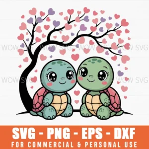 Two Adorable Turtles Under Tree With Falling Hearts Valentine Artwork Svg Png