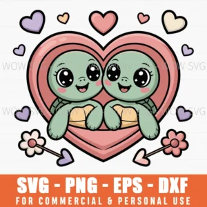 Two Cute Turtles Sharing Heart-Shaped Shell Valentine Cartoon Svg Png