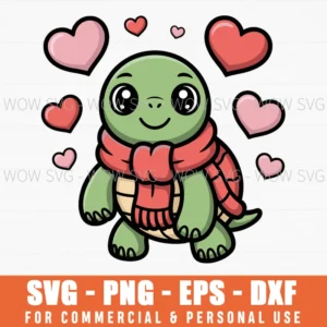 Adorable Turtle With Red Scarf And Hearts Valentine Cartoon Svg Png