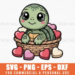 Valentine’S Day Turtle In Basket Of Heart Chocolates Illustration Svg Png