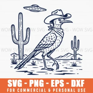 Roadrunner Cowboy Hat Desert Ufo Whimsical Retro Line Art Svg