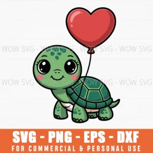 Cute Turtle Holding Heart Balloon Valentine Cartoon Svg Png
