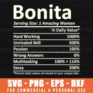 Bonita Serving Size 1 Amazing Woman Funny Nutrition Facts Diet Quote Svg