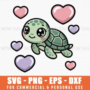 Cute Turtle With Floating Heart Bubbles Valentine Illustration Svg Png