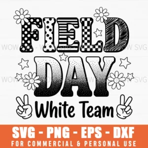 Field Day White Team Daisies Peace Signs Checkered Border Svg