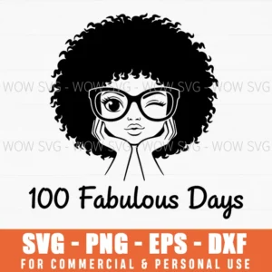 100 Fabulous Days Afro Woman Winking Eyeglasses Line Art Svg