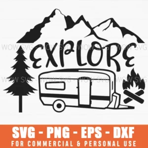 Explore Nature Svg Png, Vintage Caravan And Campfire Cut File