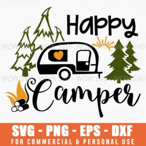 Happy Camper Svg Png, Colorful Teardrop Trailer And Pine Trees