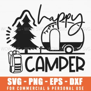 Happy Camper Svg Png, Hiking Backpack And Retro Rv Trailer Scene