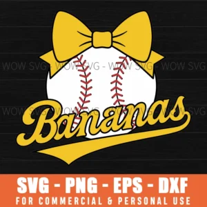 Bananas Baseball Retro Script Team Graphic Girly Bow Svg