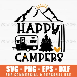 Happy Campers Svg Png, Mountain Sunrise And Vintage Caravan Design