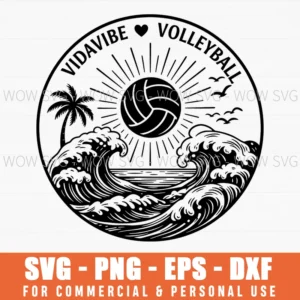 Vidavibe Volleyball Beach Ocean Waves Palm Tree Circle Svg