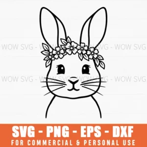 Bunny Outline Easter Flower Crown Spring Rabbit Line Art Svg