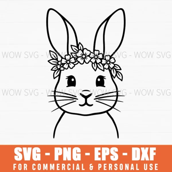Bunny Outline Easter Flower Crown Spring Rabbit Line Art Svg - Wow SVG