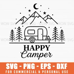 Happy Camper Trailer Mountains Outdoors Travel Svg Png