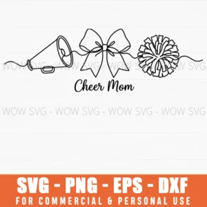 Cheer Mom One Line Art Cheerleading Megaphone Bow Pompom Svg