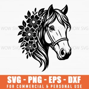 Horse Illustration Detailed Outline Farm Animal Floral Accent Svg