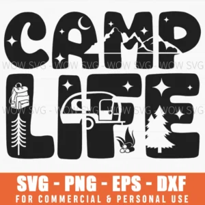 Camp Life Retro Camper Mountain Night Scene Svg Png