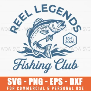 Reel Legends Fishing Club Vintage Jumping Fish Logo Svg