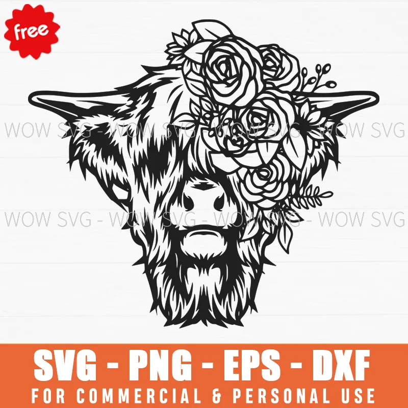 Free Highland Cow With Rose Bouquet Svg
