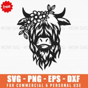 Free Highland Cow With Daisies Svg