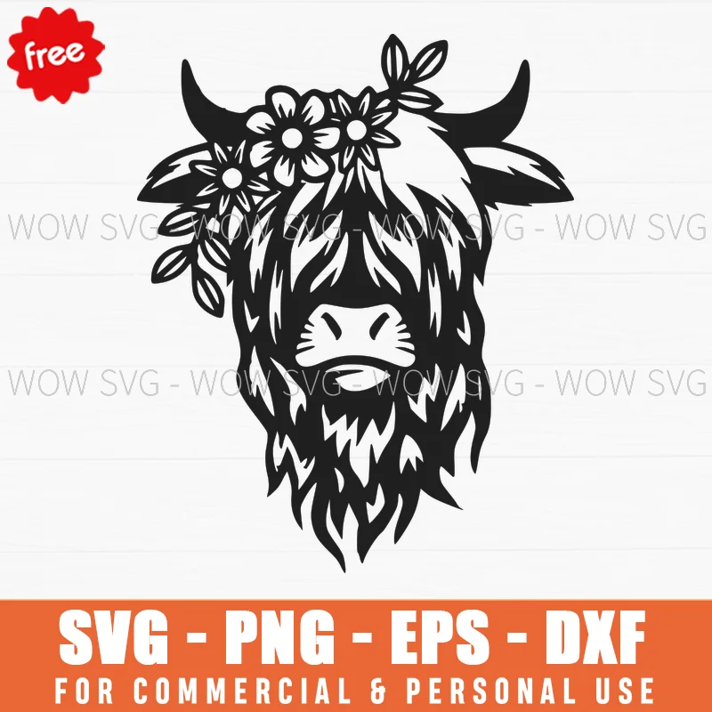 Free Highland Cow With Daisies Svg