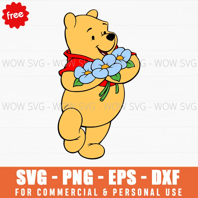 Free Winnie The Pooh Holding Flowers Svg