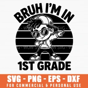 Bruh I'm In 1st Grade Retro Sunset Cartoon Back To School Svg Png First