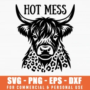 Hot Mess Highland Cow Leopard Print Svg Png Whimsical Animal Portrait Trendy Farmhouse Sublimation