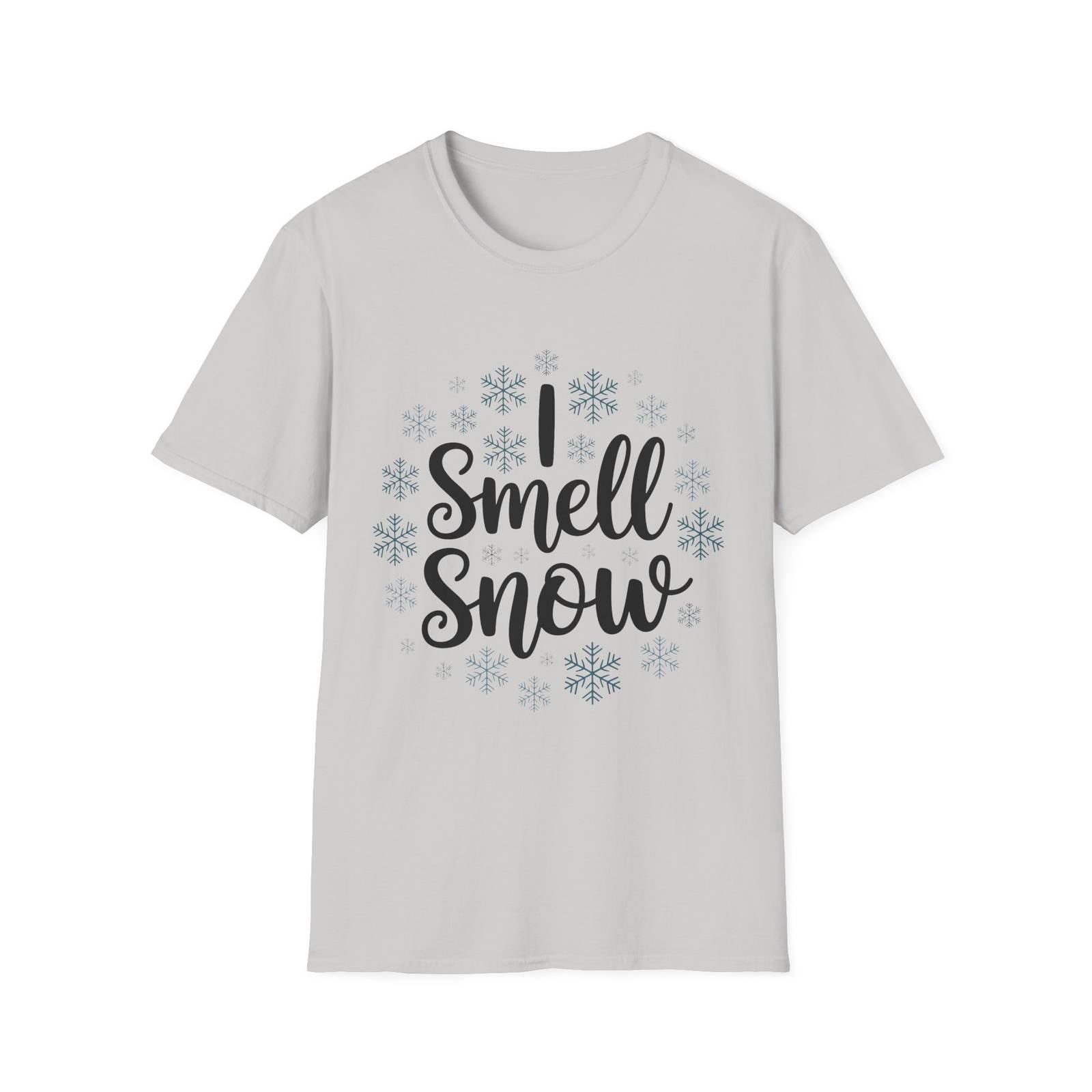 I Smell Snow T-Shirt – Script and Snowflakes Winter Tee - Image 7