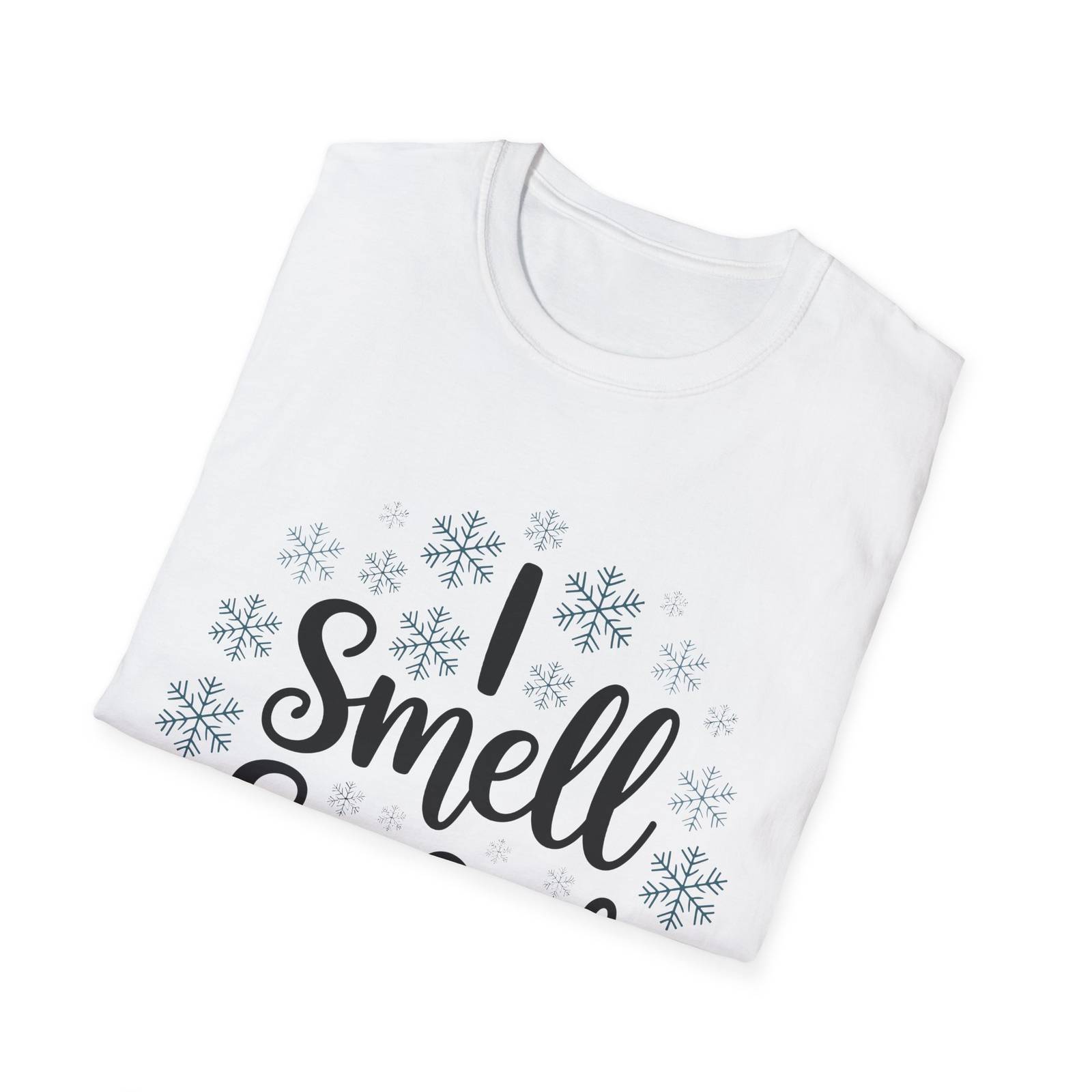 I Smell Snow T-Shirt – Script and Snowflakes Winter Tee - Image 5