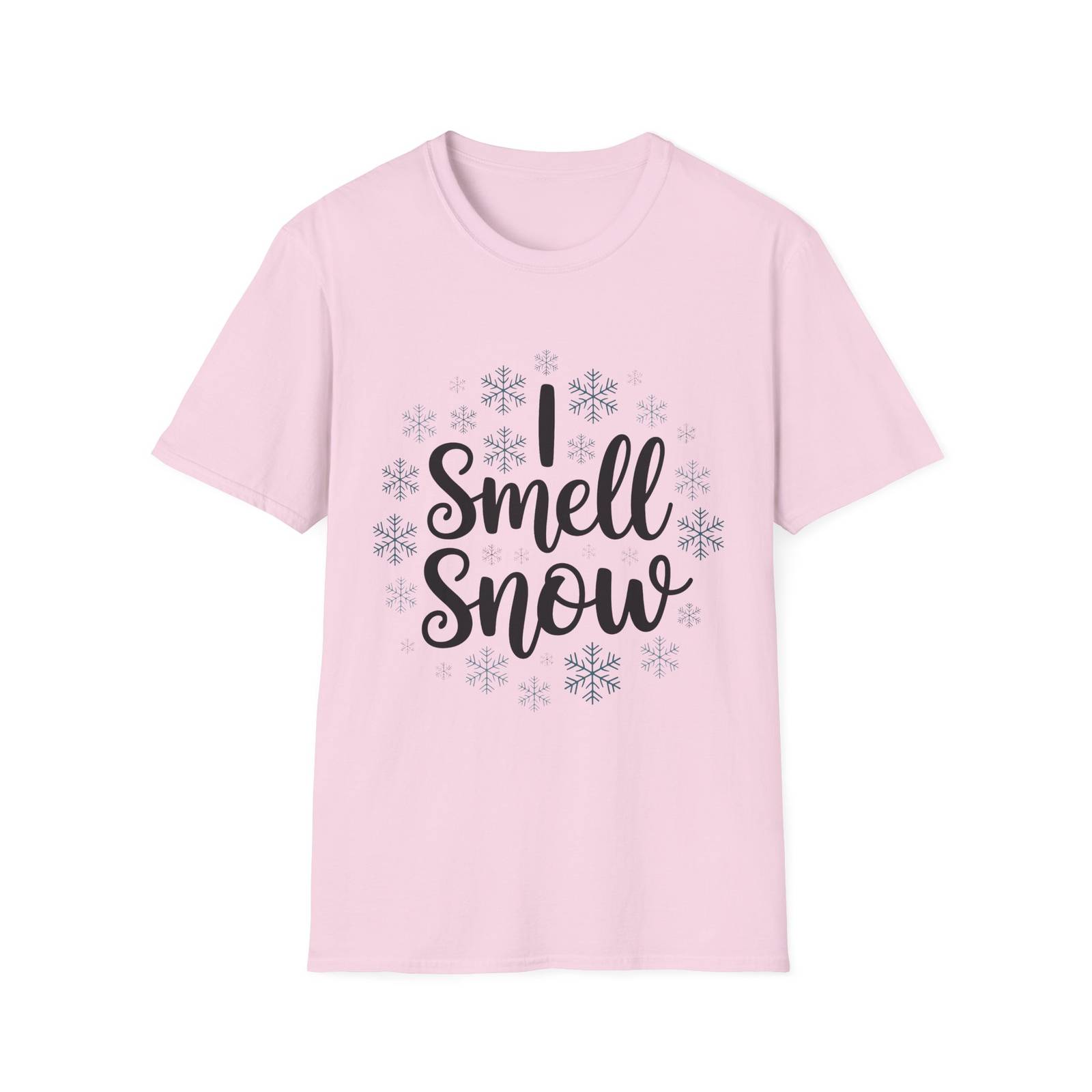 I Smell Snow T-Shirt – Script and Snowflakes Winter Tee - Image 12